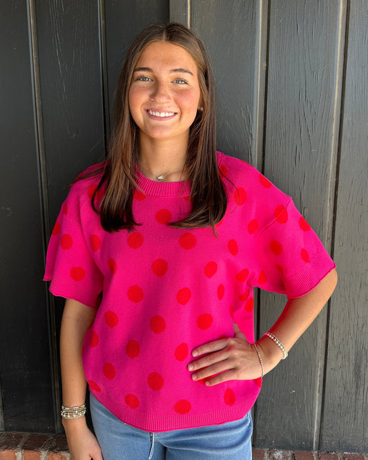 Hot Pink Polka Dot short sleeve sweater