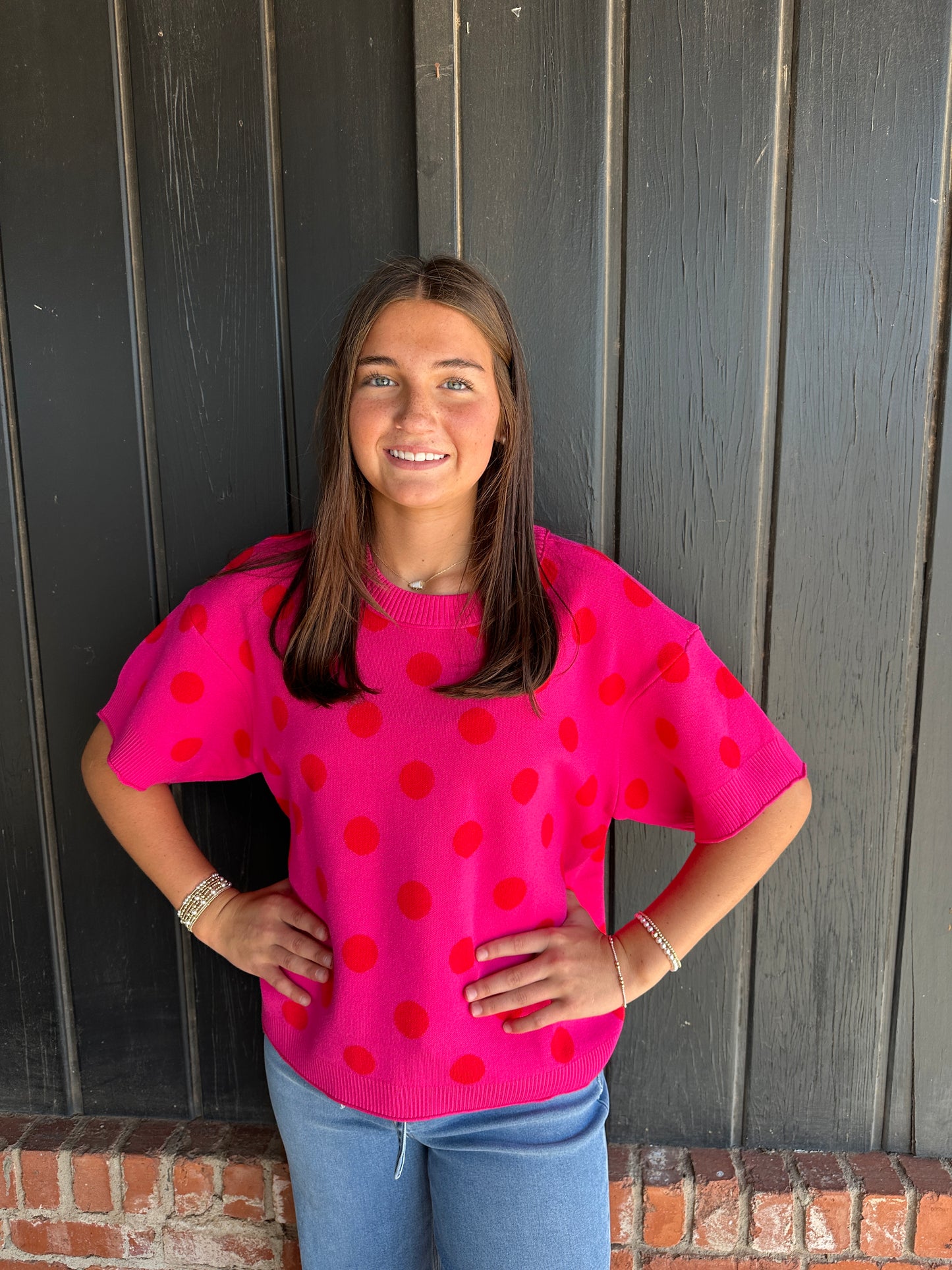 Hot Pink Polka Dot short sleeve sweater