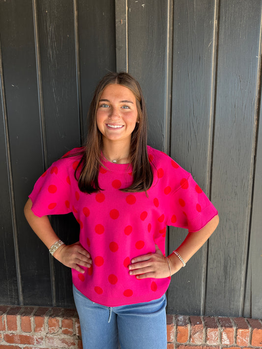 Hot Pink Polka Dot short sleeve sweater