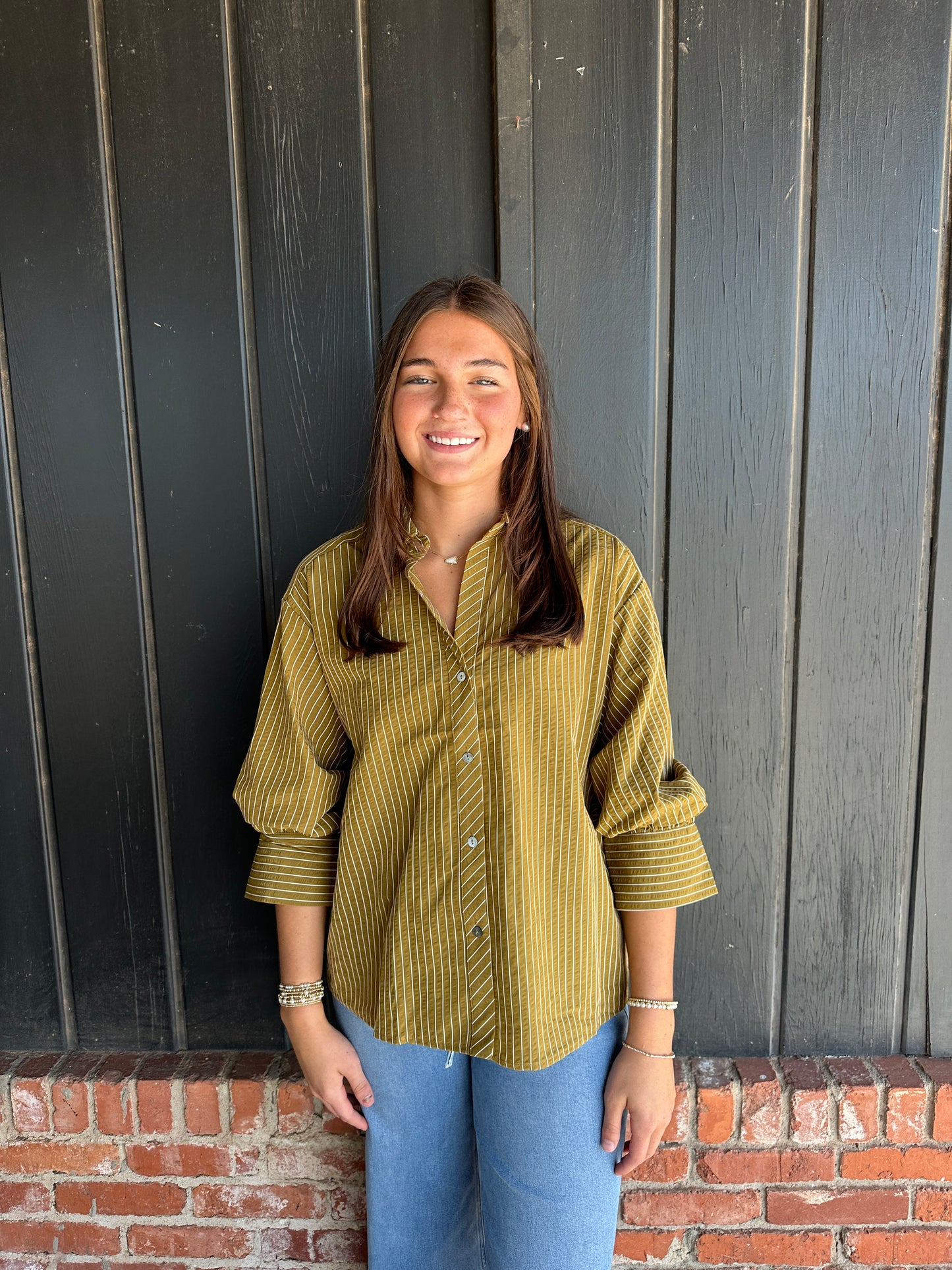 Olive 3/4 sleeves pinstripe top