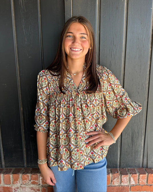 Boho Floral Medallion Print Split Neck Blouse