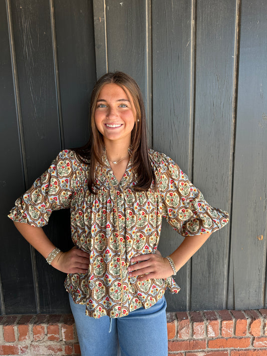 Boho Floral Medallion Print Split Neck Blouse