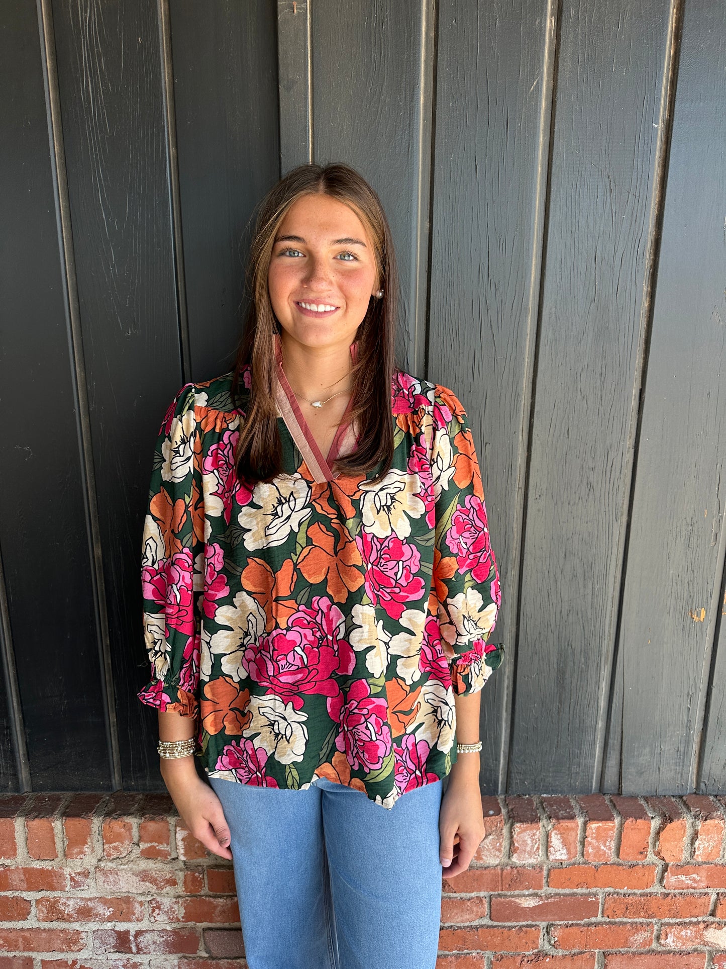 Green Floral Print Ruffle Sleeve Top