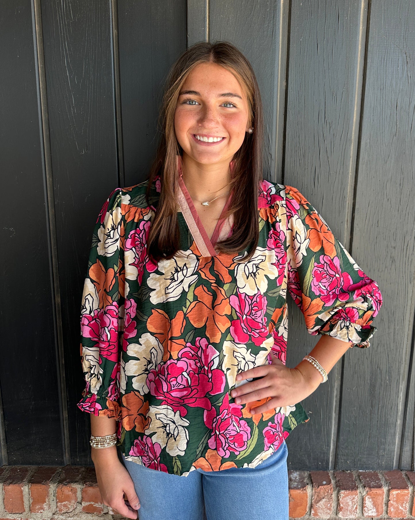 Green Floral Print Ruffle Sleeve Top