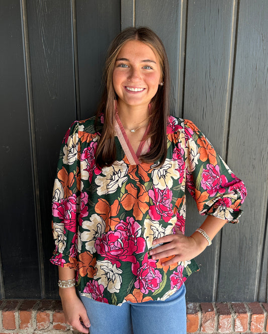 Green Floral Print Ruffle Sleeve Top