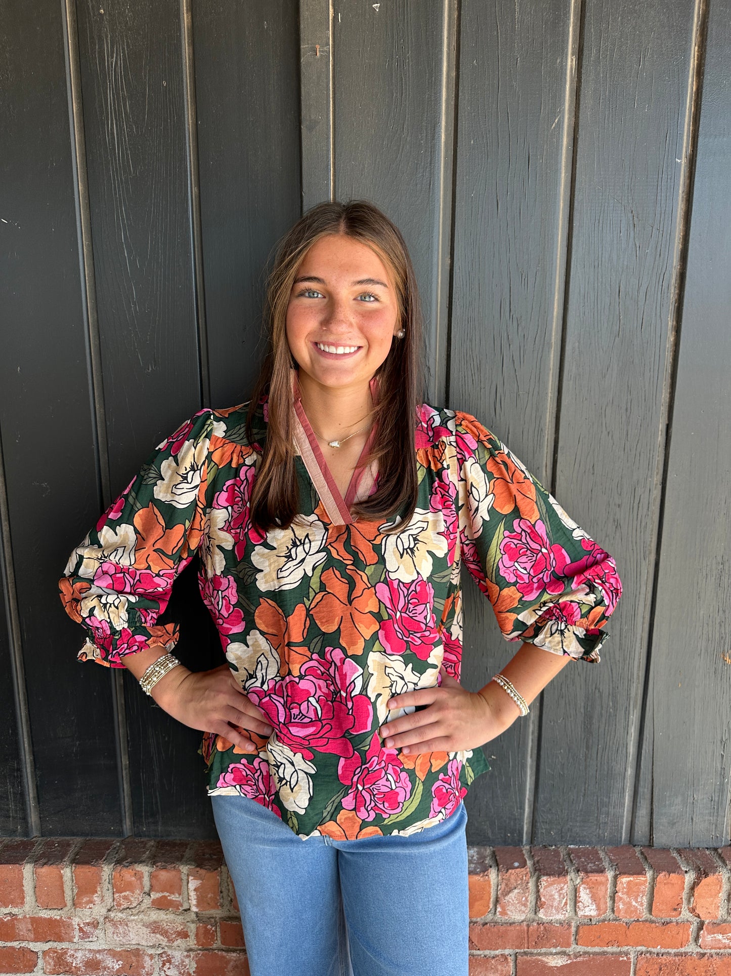 Green Floral Print Ruffle Sleeve Top