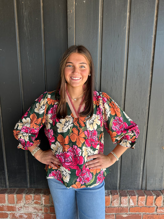 Green Floral Print Ruffle Sleeve Top