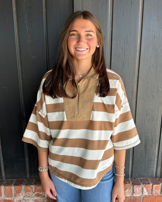 Taupe/Ivory Stripe quarter zip