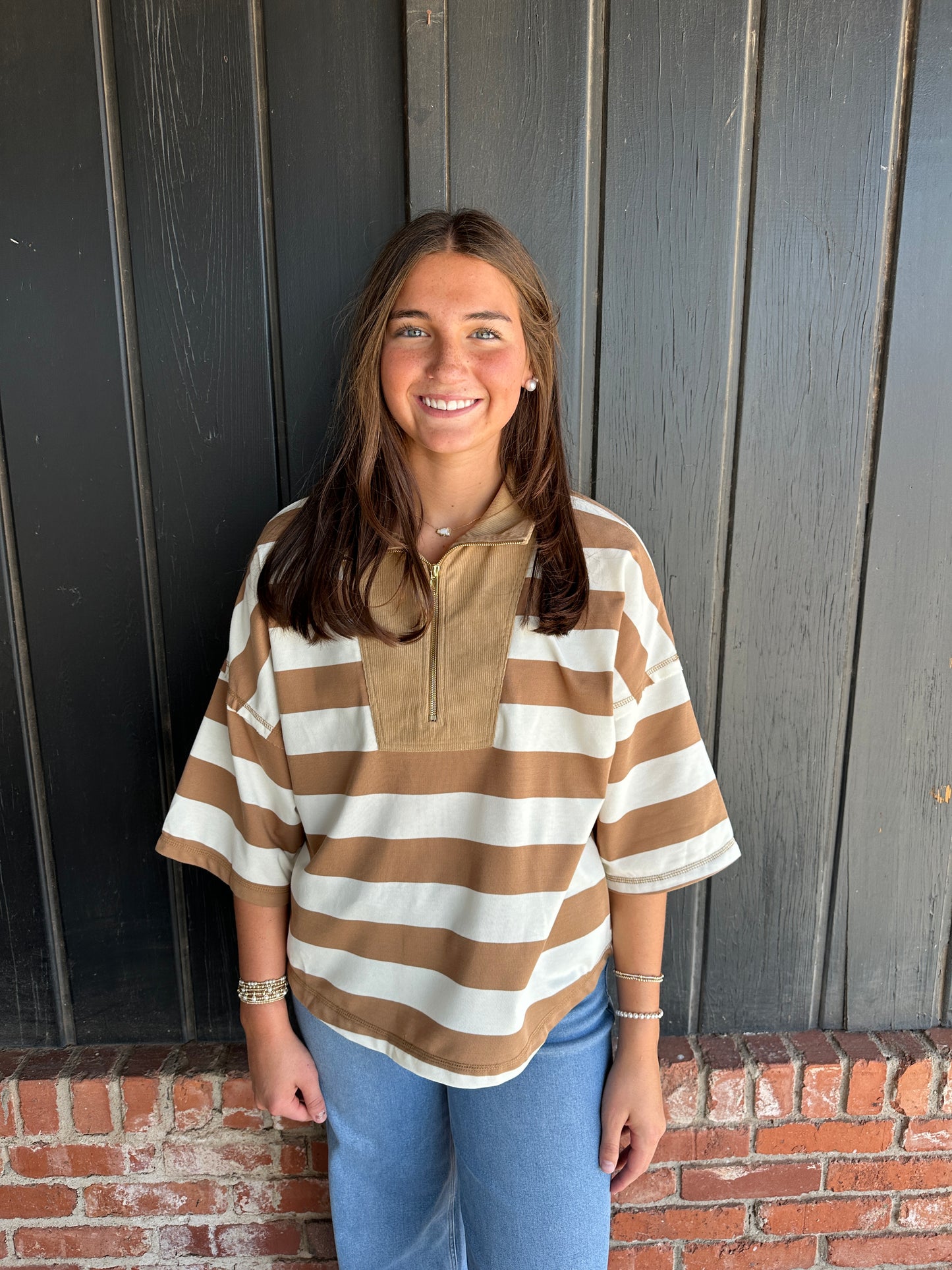 Taupe/Ivory Stripe quarter zip