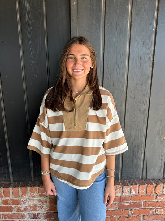 Taupe/Ivory Stripe quarter zip
