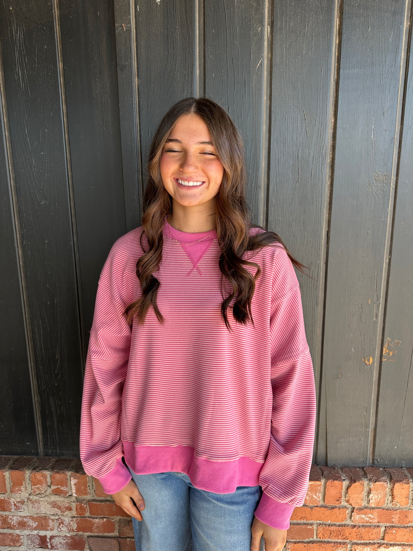 Pink Stripe Drop Shoulder Sweatshirt