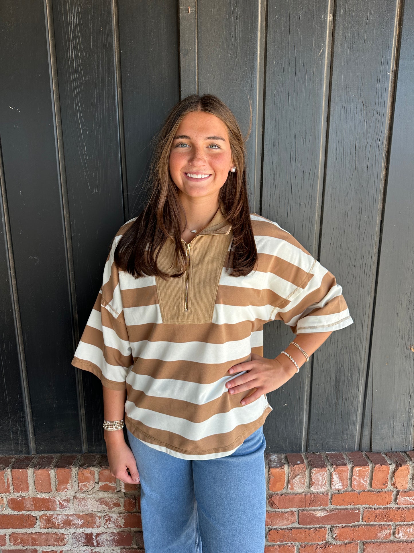 Taupe/Ivory Stripe quarter zip