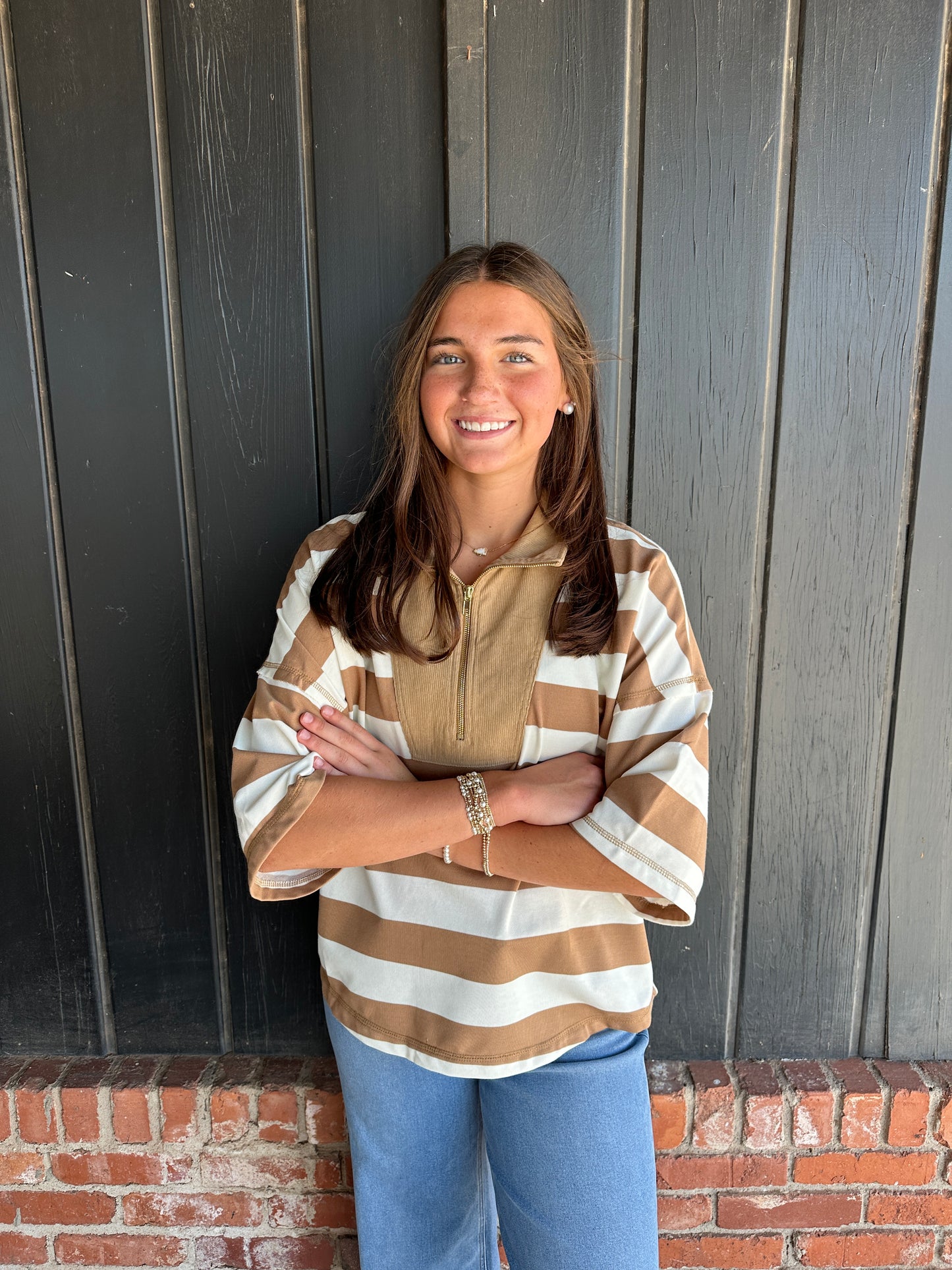 Taupe/Ivory Stripe quarter zip