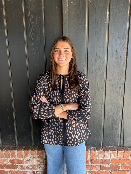 Black animal print tie neck top