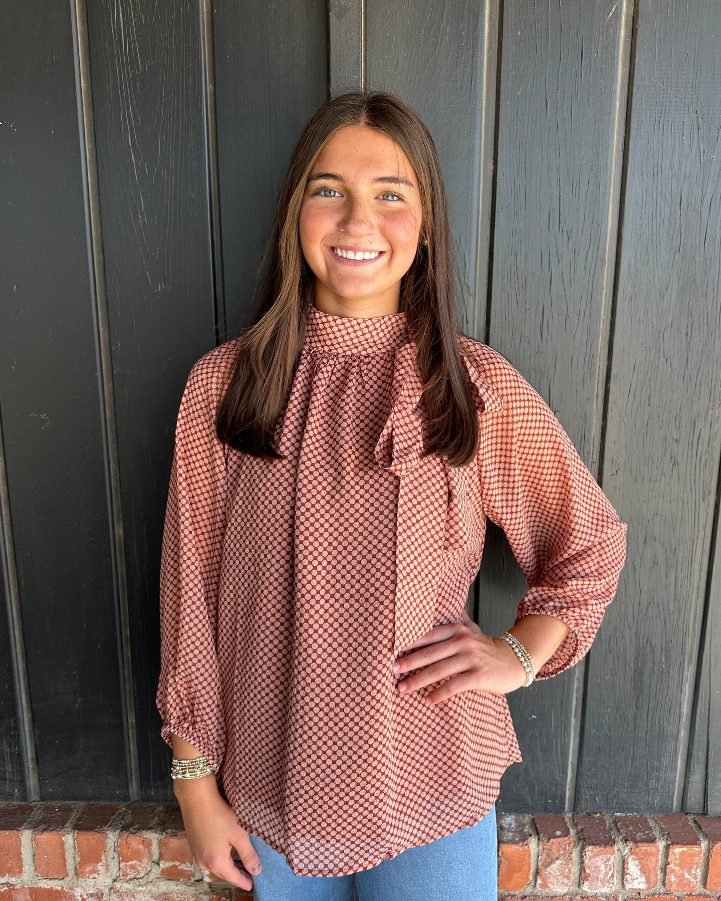 Clay Dot Print Long Sleeve Top