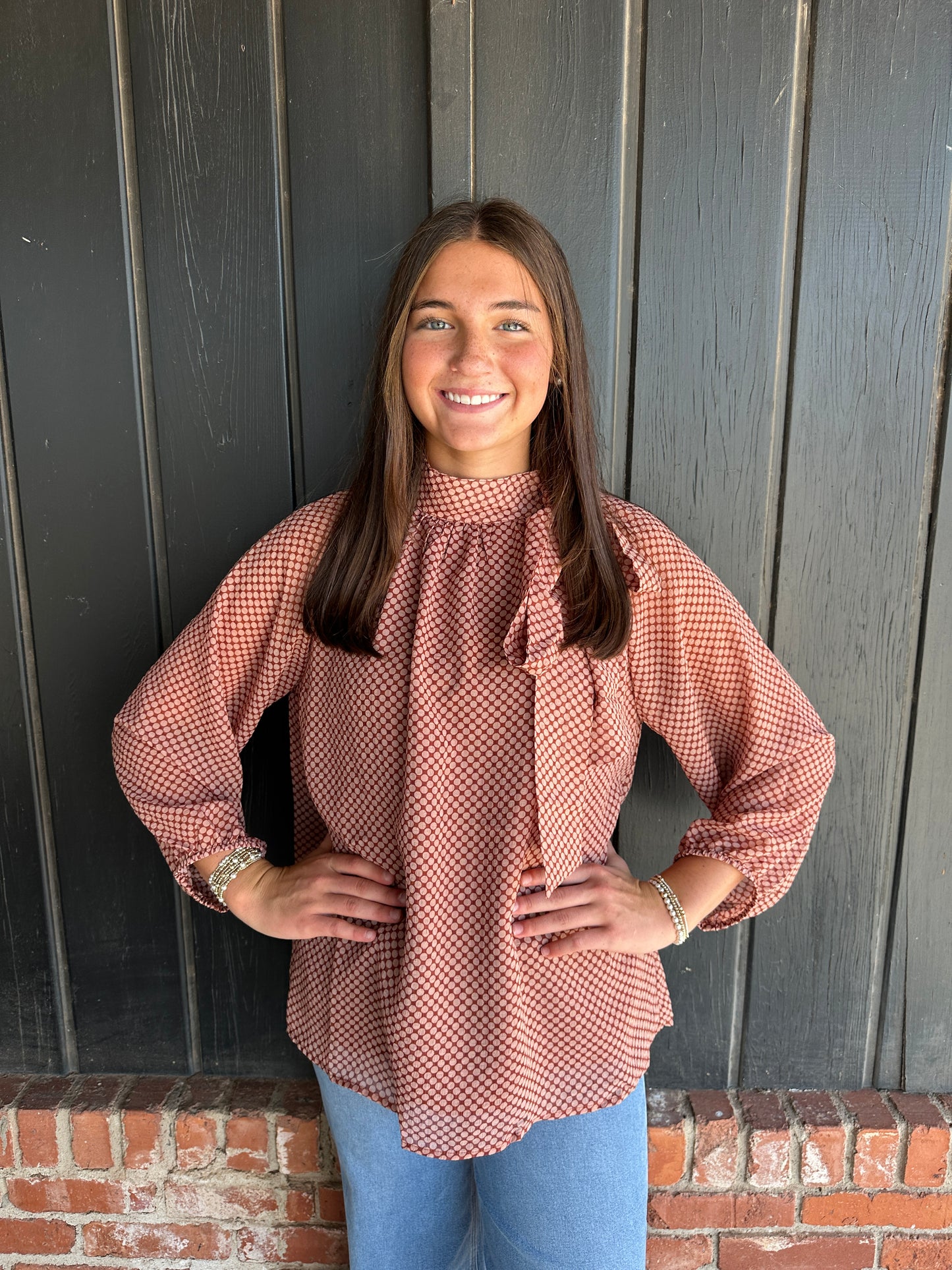 Clay Dot Print Long Sleeve Top