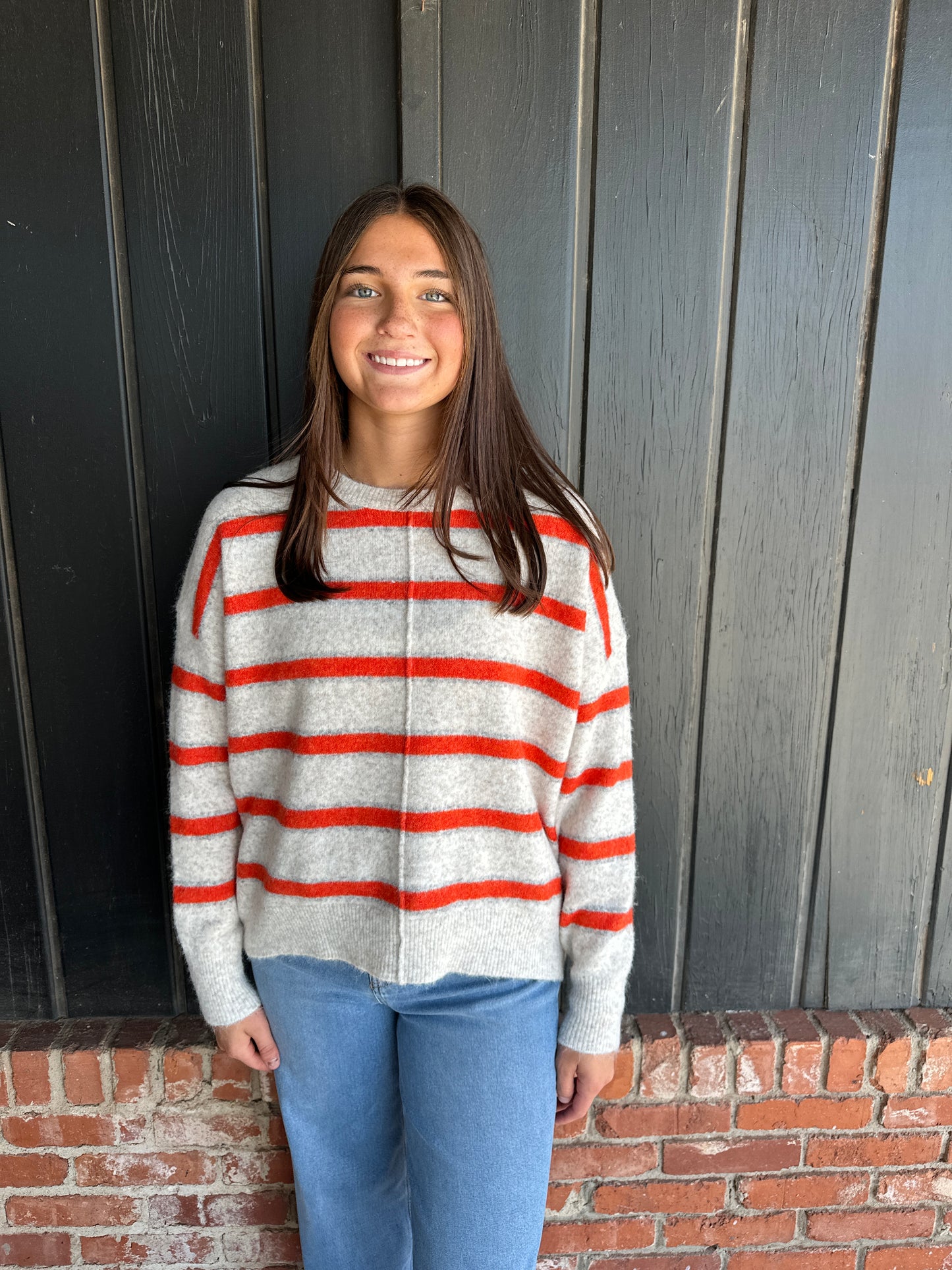 Orange Pintucked Center Striped Sweater