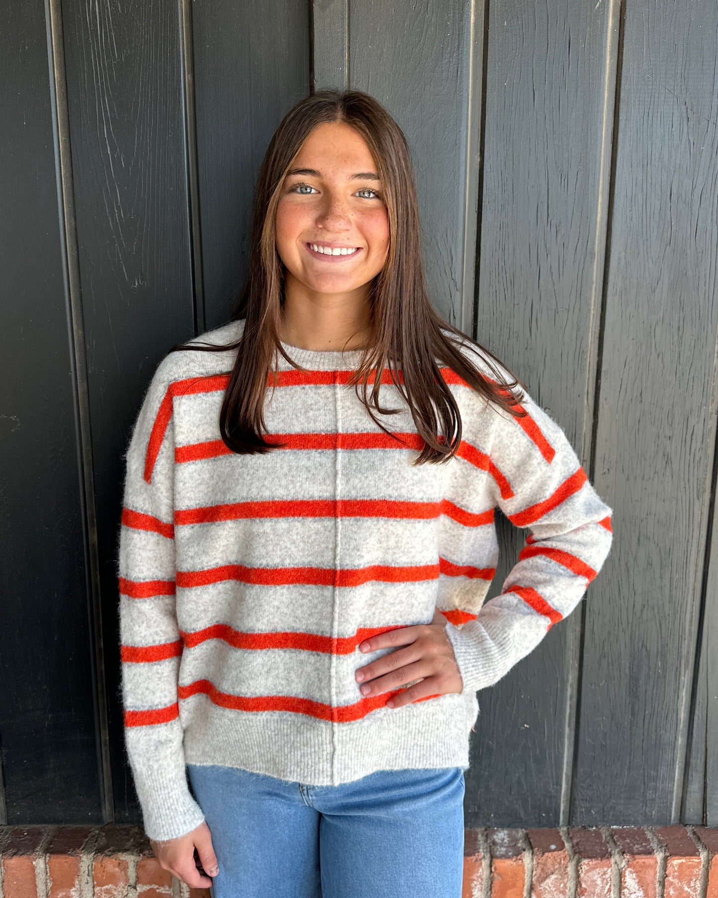 Orange Pintucked Center Striped Sweater