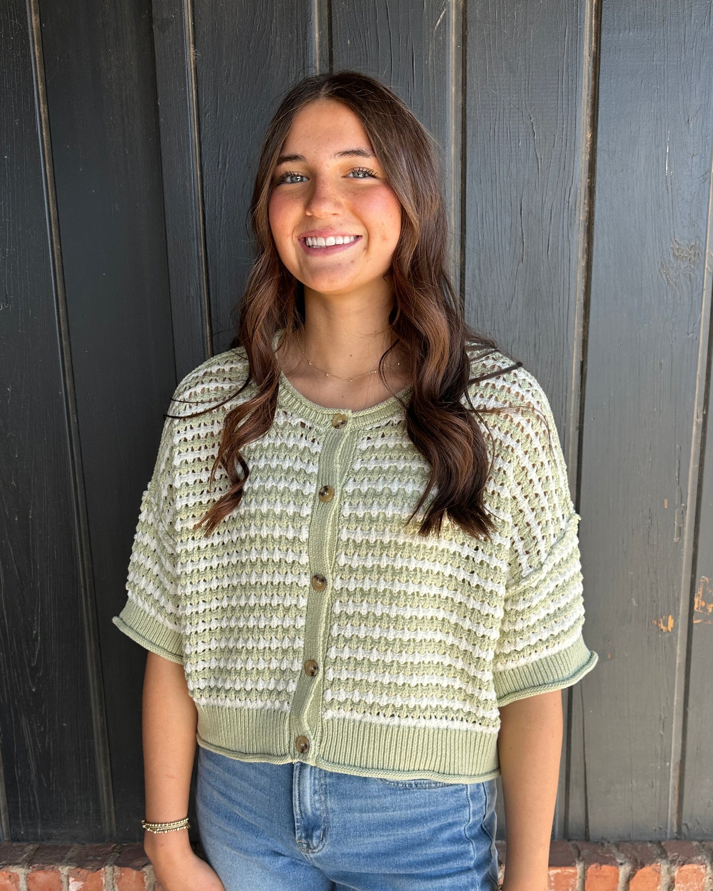 Light Olive Crochet Button Sweater