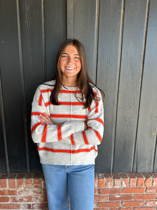 Orange Pintucked Center Striped Sweater