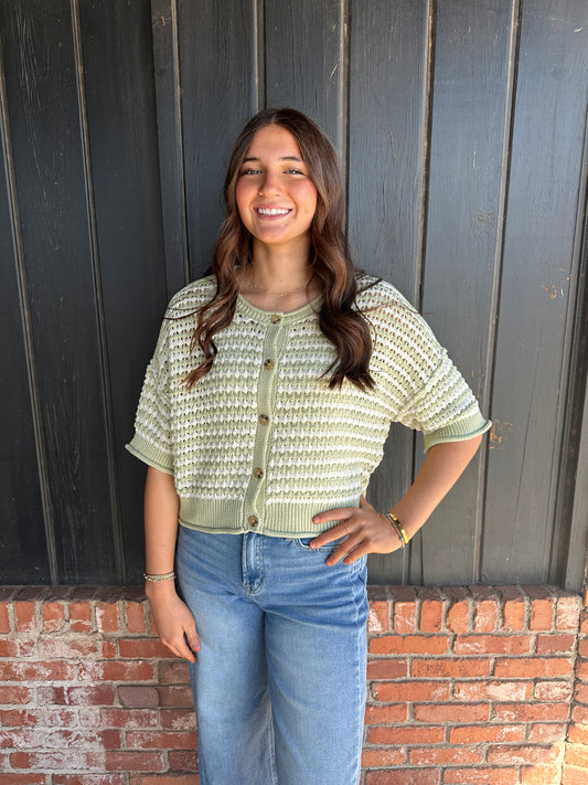 Light Olive Crochet Button Sweater
