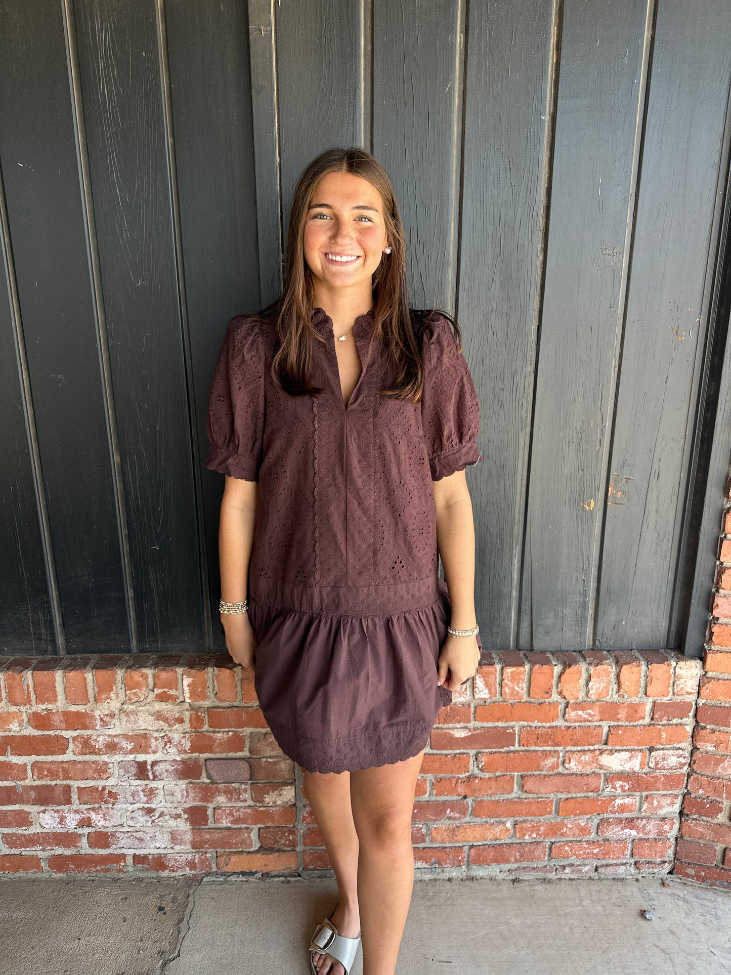 Brown eyelet & embroidery dress