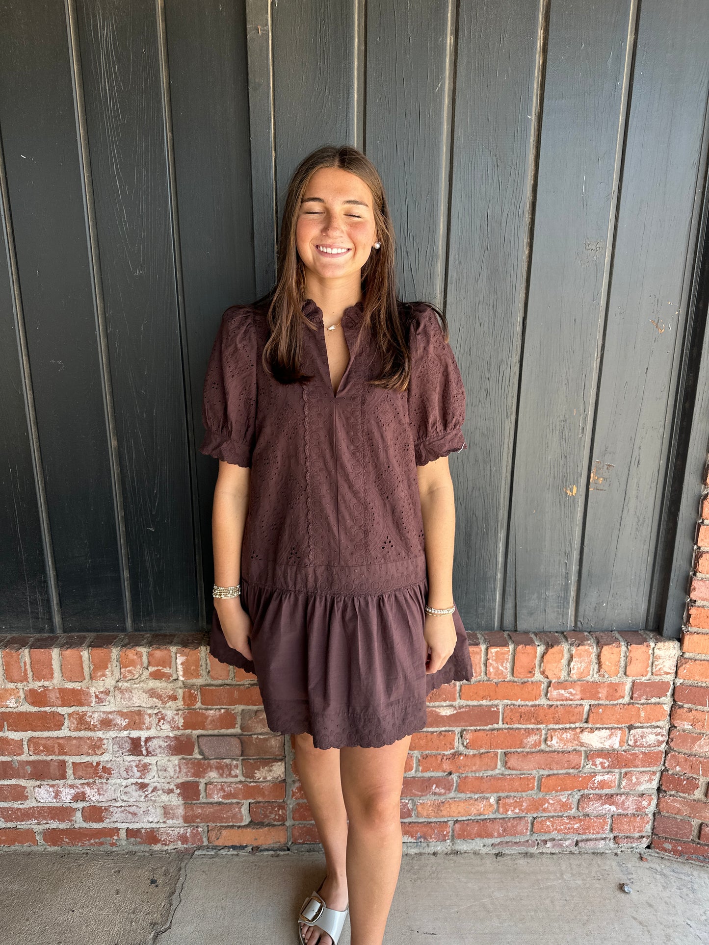 Brown eyelet & embroidery dress