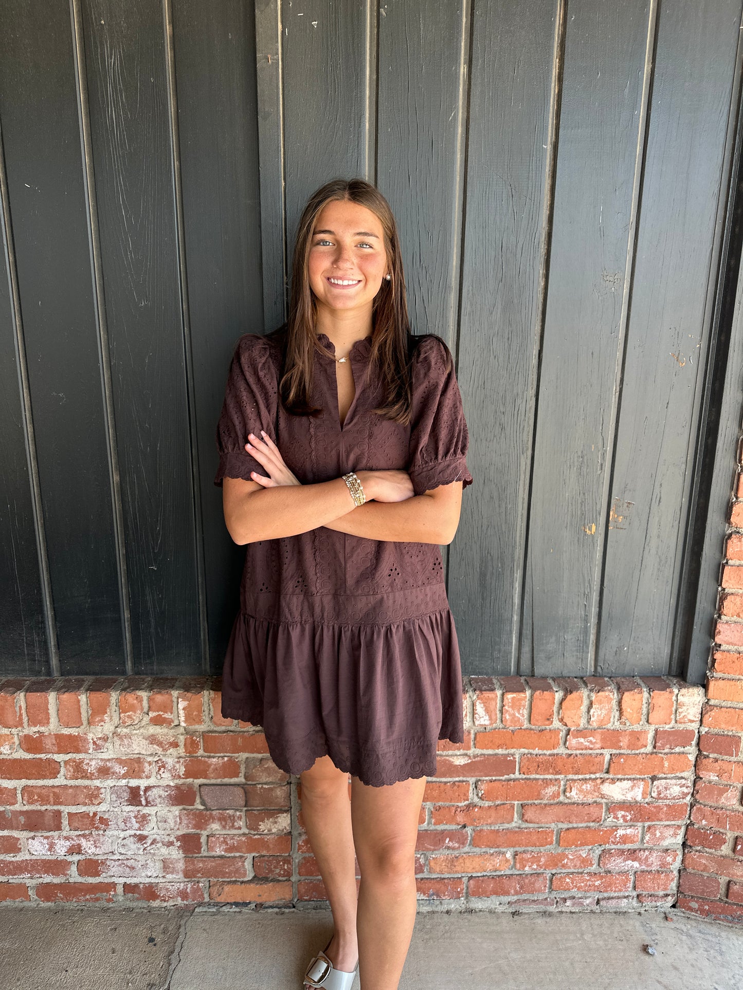 Brown eyelet & embroidery dress