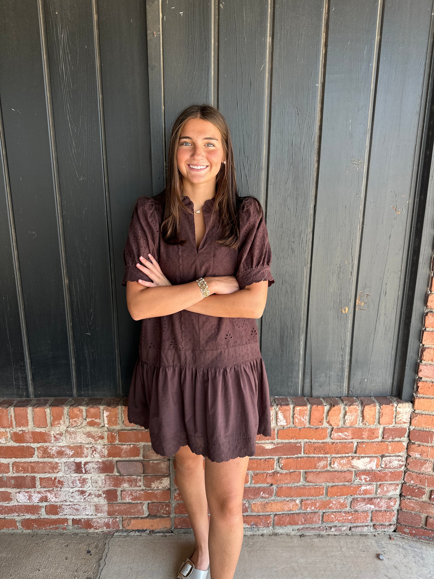 Brown eyelet & embroidery dress