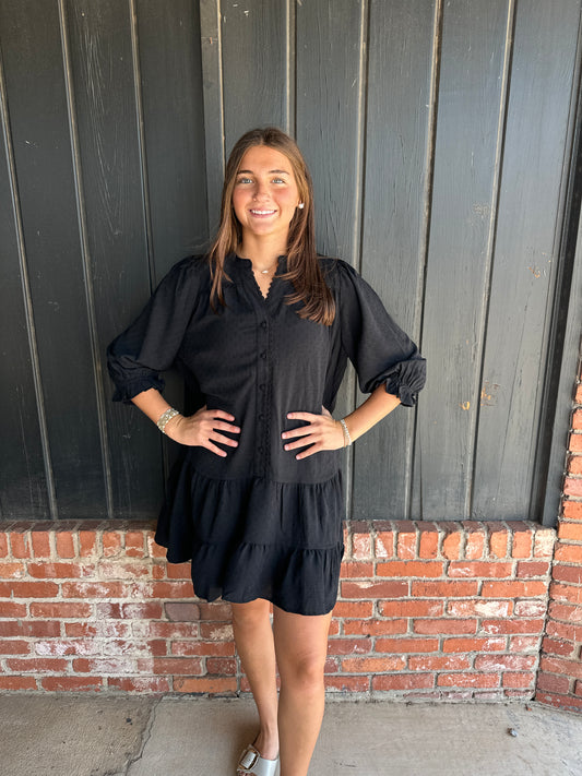 Black Solid Button front tiered dress