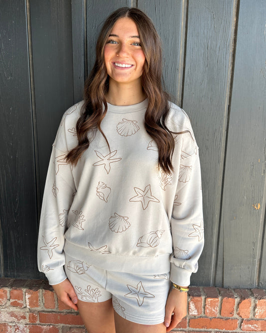 Sea Motif Mid Rise Shorts Elastic Waist