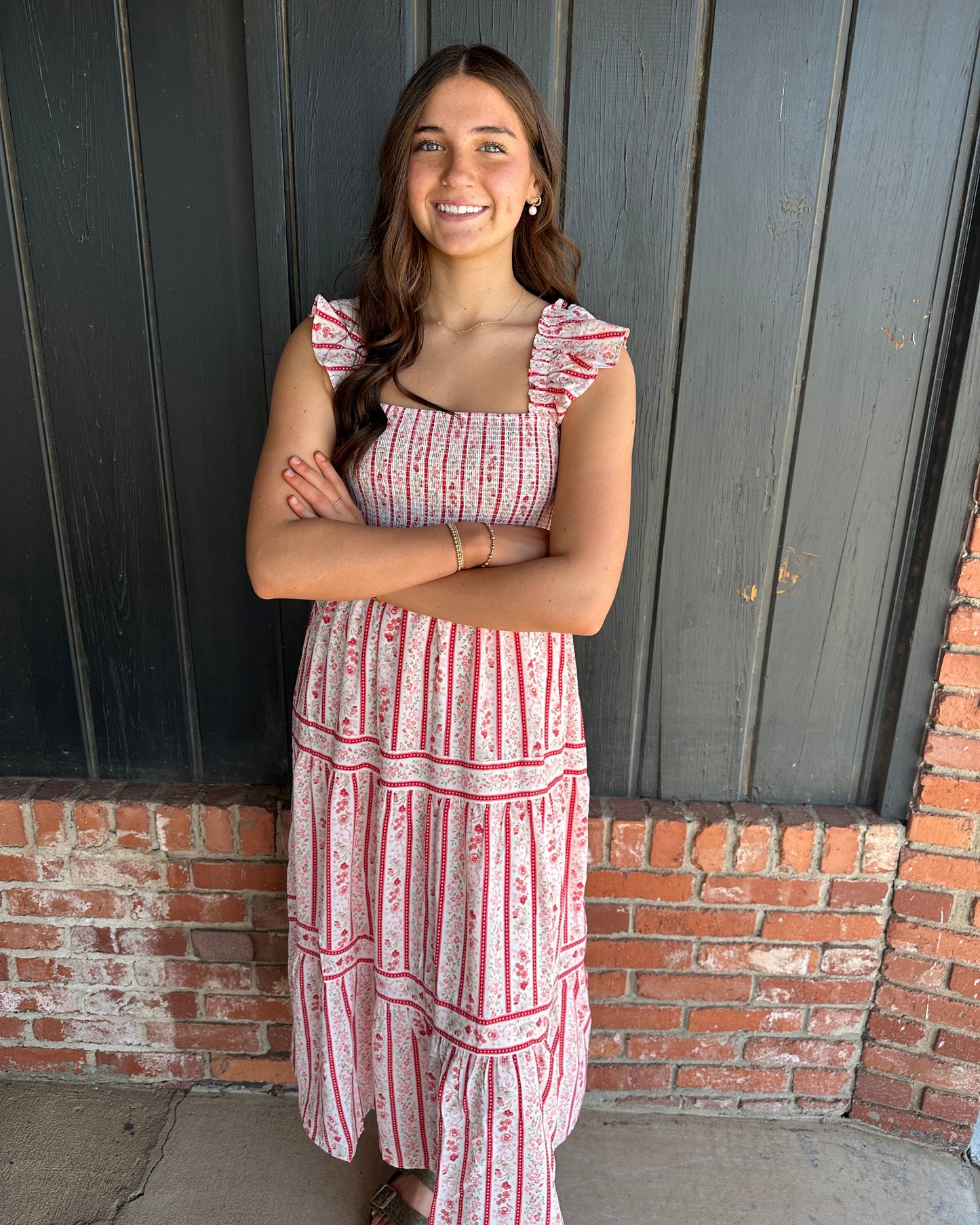 Red Stripe Floral Pattern Smocked Dress
