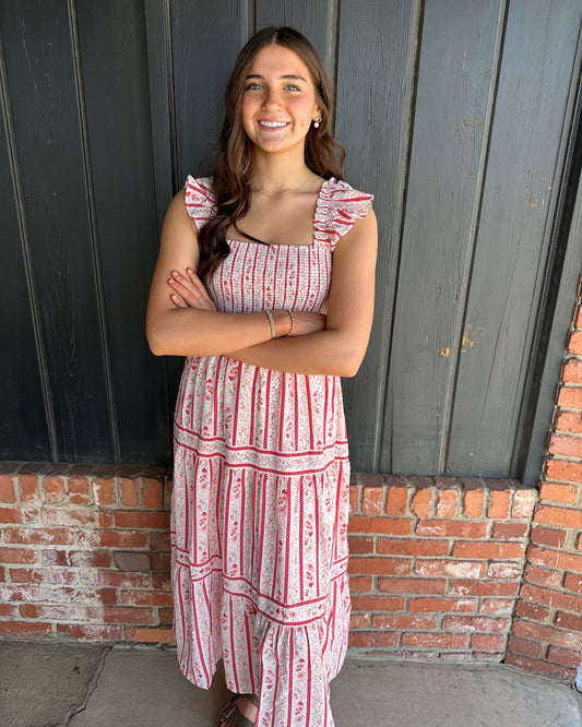 Red Stripe Floral Pattern Smocked Dress