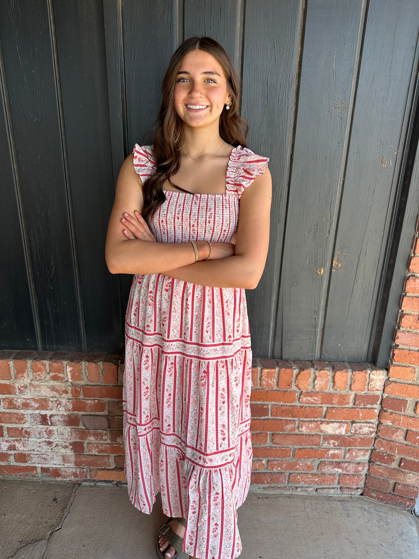 Red Stripe Floral Pattern Smocked Dress