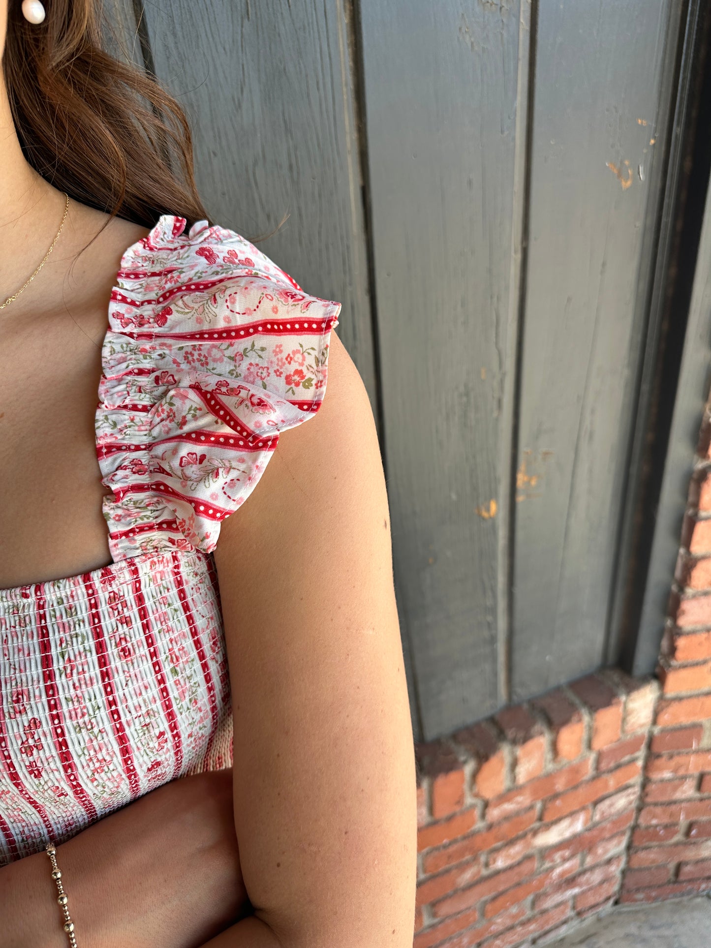 Red Stripe Floral Pattern Smocked Dress