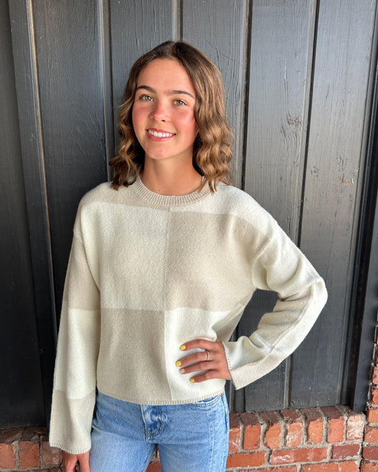 Cream Oversized Checkered Sweater