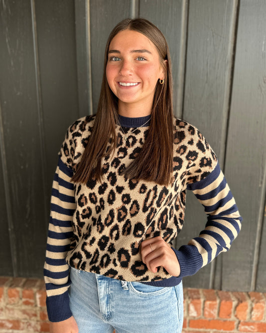 Leopard Crew neck sweater with striped sleeves
