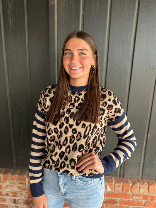 Leopard Crew neck sweater with striped sleeves