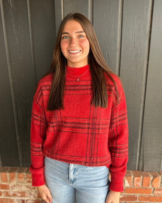 Red Eyelash Plaid Sweater