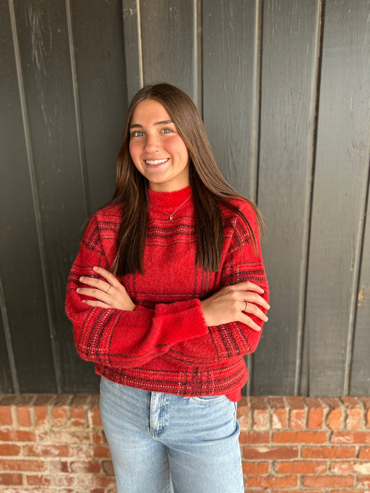 Red Eyelash Plaid Sweater