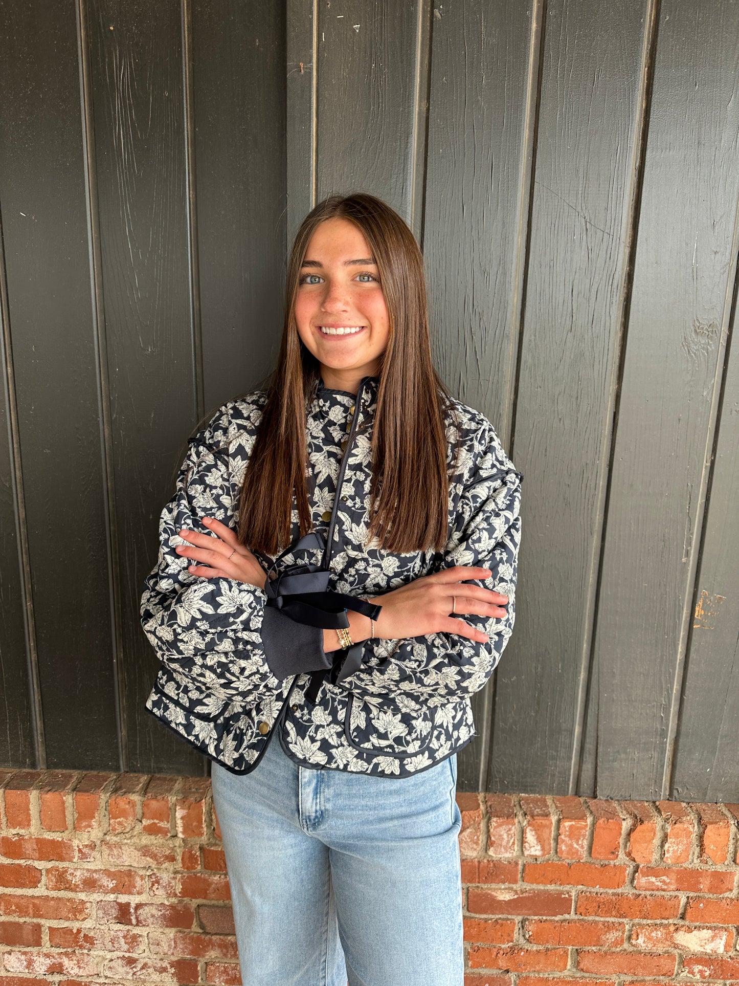 Navy Blue Floral Quilted Jacket