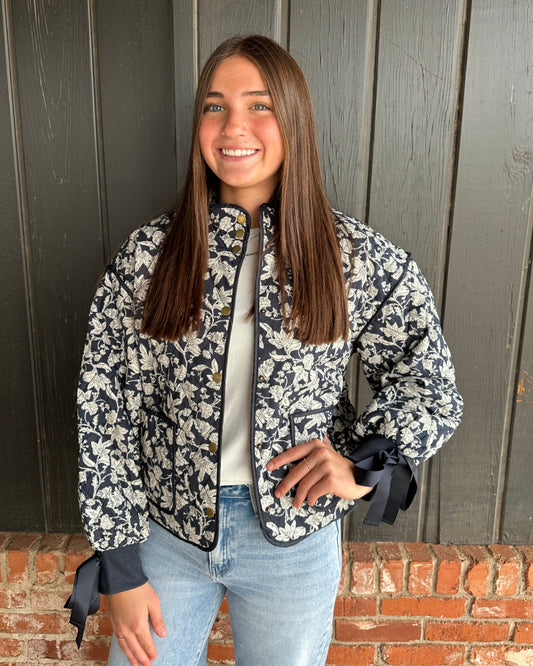 Navy Blue Floral Quilted Jacket