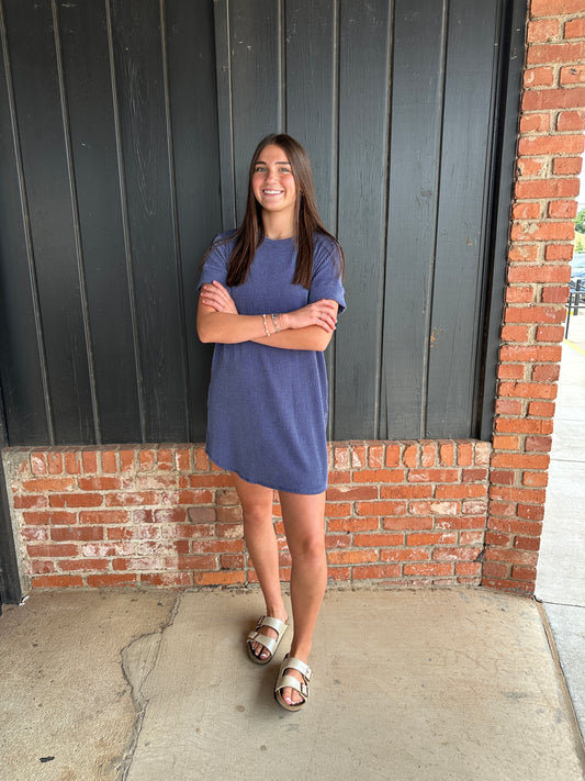 Blue Ribbed Shift Dress