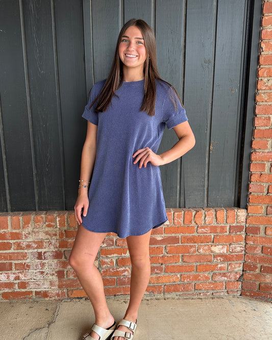Blue Ribbed Shift Dress