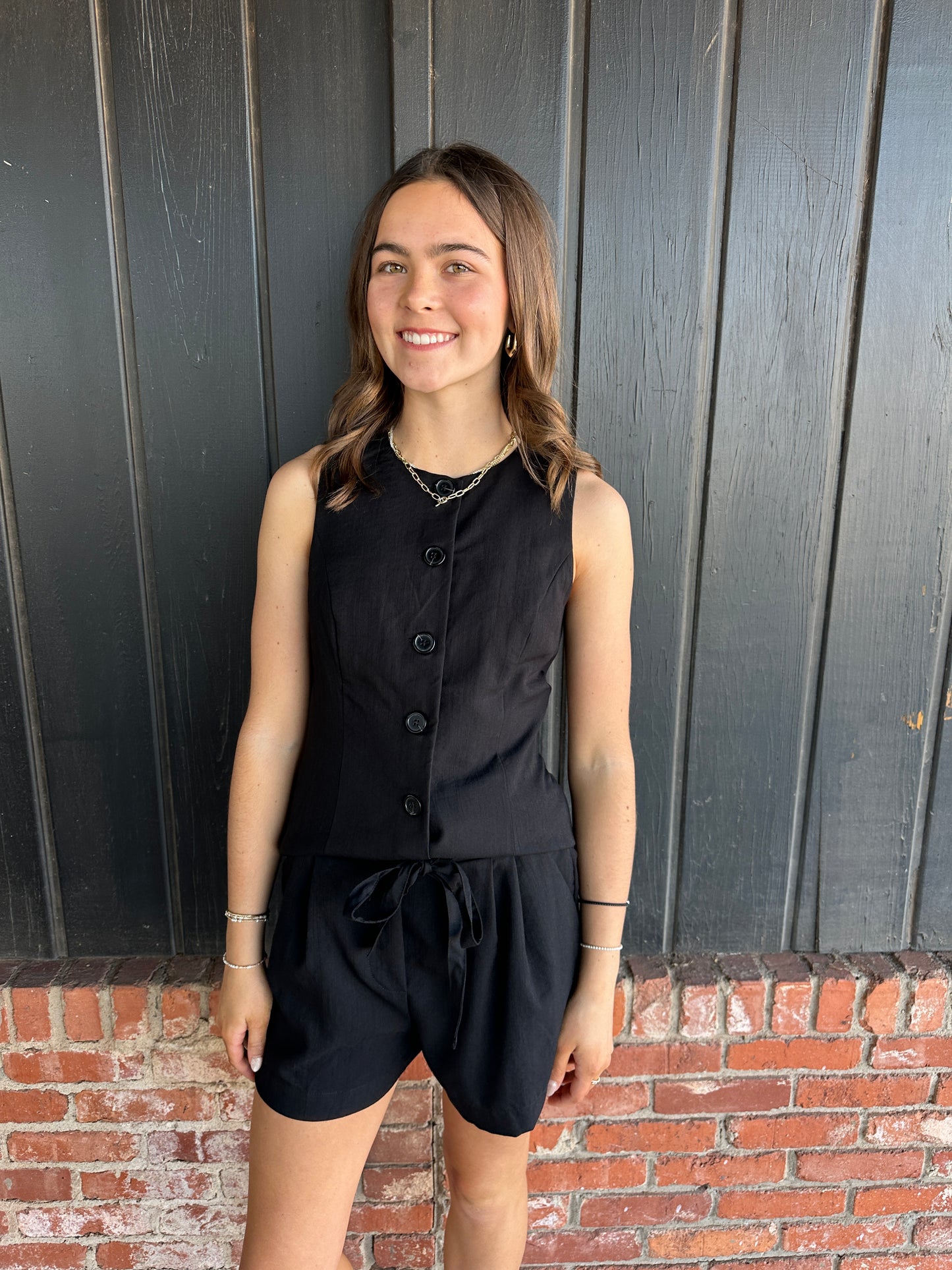 Black Round Neck button down top