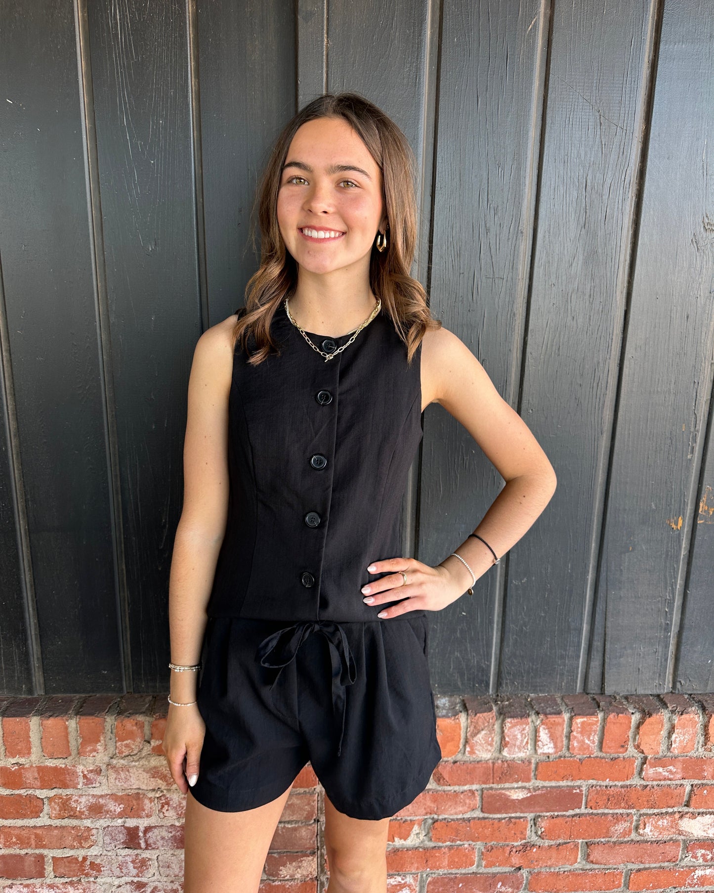 Black Round Neck button down top