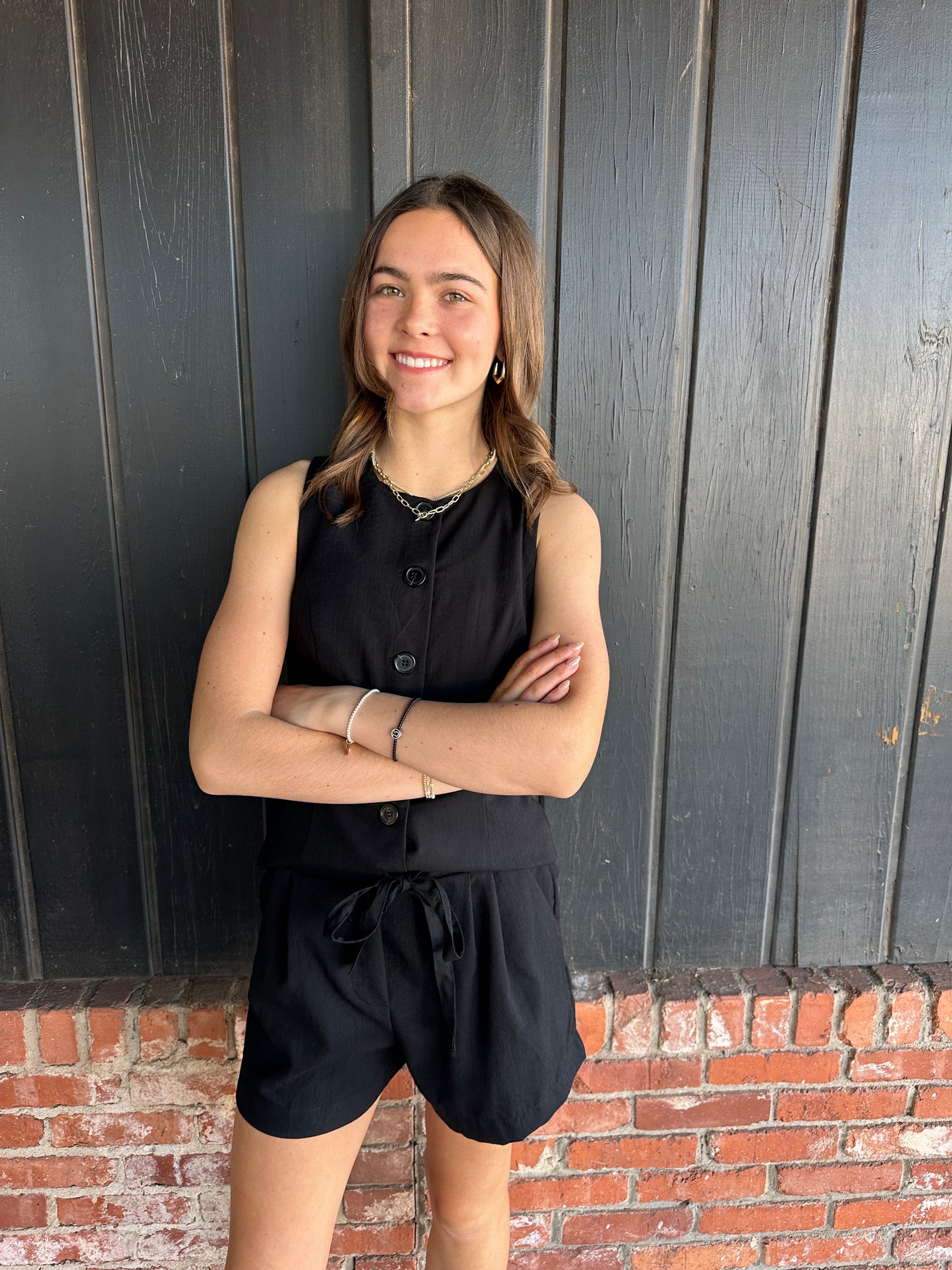Black Round Neck button down top