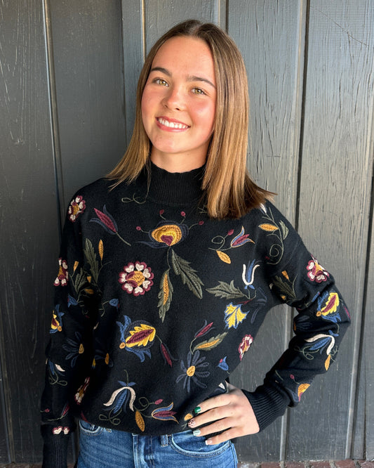 All Over Embroidered Mock Neck Sweater