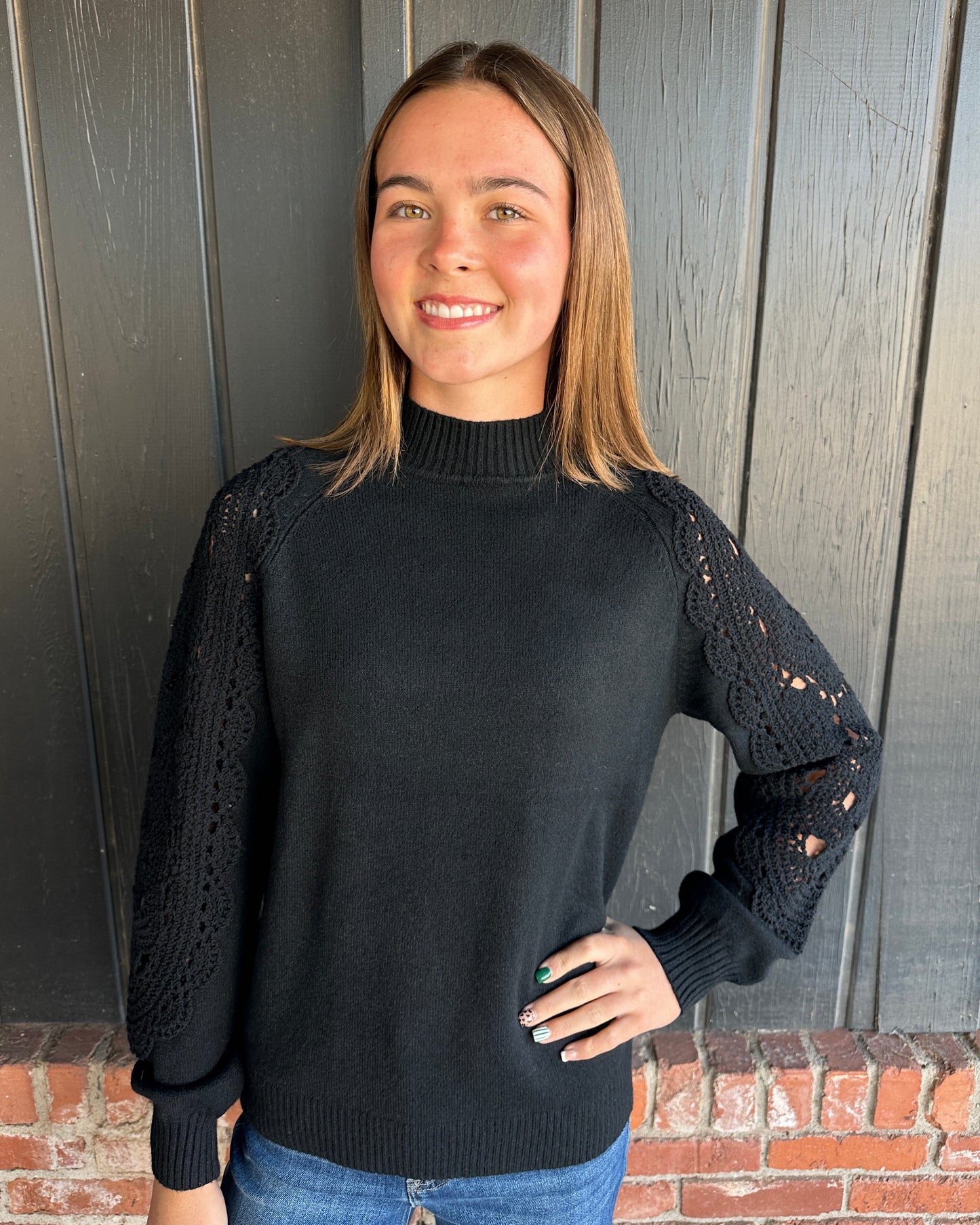 Crochet Sleeve Mock Neck Sweater