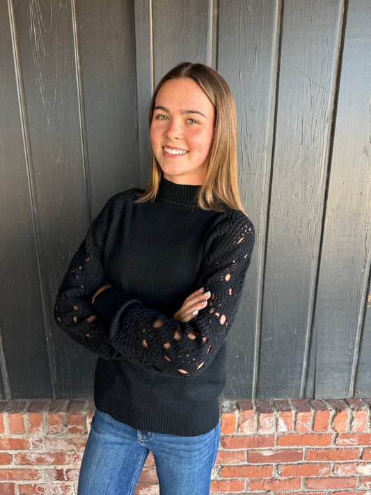 Crochet Sleeve Mock Neck Sweater